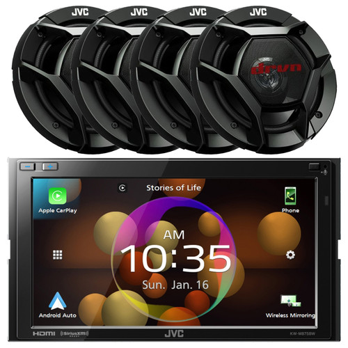JVC KW-M875BW 6.8" Clear Resistive Touchscreen Double DIN Bluetooth WIFI USB Multimedia Car Audio AV Receiver, 4x JVC CS-DR621 drvn DR Series 6.5" 300 Watt Max Power 2-Way Coaxial Automotive Speakers