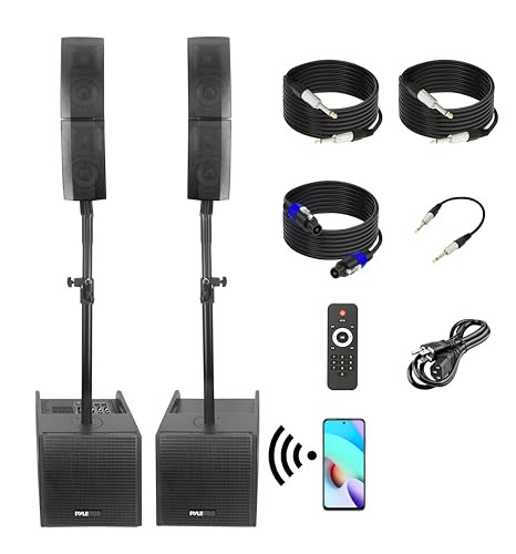 Pyle PS1224ACT Wireless Bluetooth Compact PA Speaker Sound System with 12" Bluetooth Subwoofer, 12" Subwoofer, 4x 4” Passive Line Array Speakers, 2x Stand, Audio Cables and Remote Control
