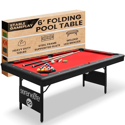 SereneLife 6' Folding Pool Table with 2x Cue Sticks, Full Set of Balls, Chalk, Brush (Red)