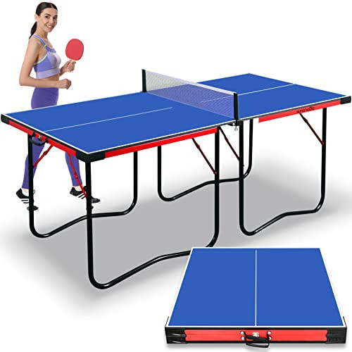SereneLife 6’ x 3’ Midsize Foldable Ping Pong Table Set with Single Player Playback Mode For Game Play and Solo Play (Blue)