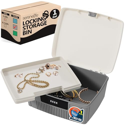 SereneLife Lockable 1 Gallon Capacity Heavy Duty Storage Container Bin with Combination Lock (Gray)