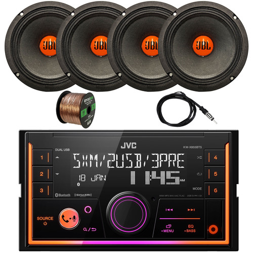 JVC Double DIN In-Dash USB/AUX Bluetooth AM/FM Digital Media Car Radio Receiver with 6.5" 300 Watt Peak Power Midrange Woofer Automotive Audio Speakers (QTY 4), 22" Antenna, Wire