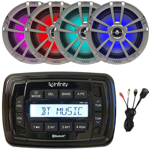 Infinity PRV250 Marine Bluetooth USB/AUX AM/FM Radio Digital Media Black Stereo Receiver, 4x 6.5" 225 Watt Max Power Waterproof Coaxial Titanium RGB LED Boat Speakers, USB/AUX 3.5mm Interface Adapter