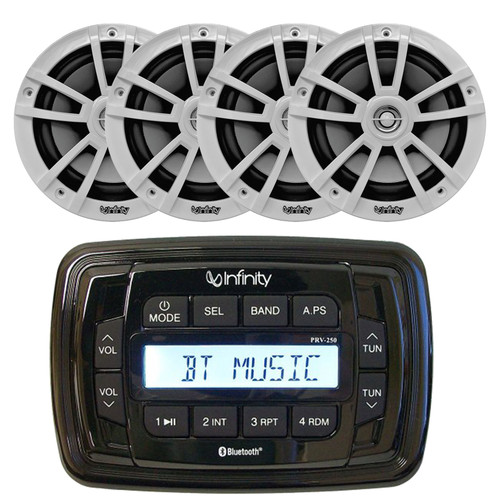 Infinity PRV250 Marine Bluetooth USB/AUX AM/FM Radio Digital Media Black Stereo Receiver Bundle Comb Two Pairs (QTY 4) Of 6.5" 225 Watts Max Power High-Performance White Speakers (Bulk Packaging)