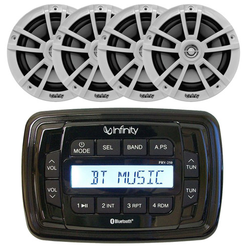 Infinity PRV250 Marine Bluetooth USB/AUX AM/FM Radio Digital Media Stereo Receiver, 4x Infinity 6.5" 225 Watt Max Power High-Performance White Speakers (Bulk Packaging)
