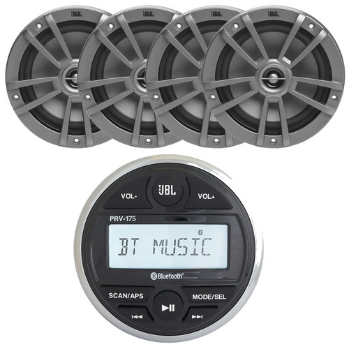 JBL PRV-175 Marine Bluetooth USB/AUX AM/FM Radio Gauge Style Digital Media Stereo Receiver, 4x JBL Marine Stage 6 6.5" OEM Replacement 180 Watts Max Power 2-Way Multi-Element Gray Marine Speakers