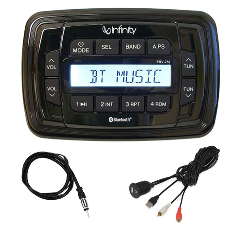 Infinity PRV250 Marine Bluetooth USB/AUX AM/FM Radio Digital Media Stereo Receiver, USB/AUX 3.5mm Interface Adapter, 22" Radio Antenna