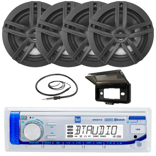 Dual Electronics MXD13 Single-DIN Marine USB Bluetooth AM/FM Stereo Digital Media in-Dash Receiver W/Black Cover, 4x 6.5" 180W Max Power 2-Way Full-Range Boat Audio Black Speakers, Radio Antenna