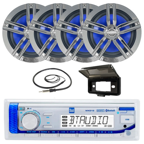 Dual Electronics MXD13 Single-DIN Marine USB Bluetooth AM/FM Stereo Digital Media in-Dash Receiver W/Black Cover, 4x 6.5" 180W Max Power 2-Way Boat Audio Charcoal Speakers, Radio Antenna