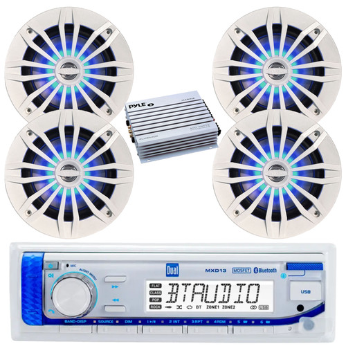 Dual Electronics MXD13 in-Dash Marine USB Bluetooth AM/FM Stereo Digital Media Receiver, 4x 6.5" 180 Watt Max Power 2-Way Blue Flashing LED Boat Speakers (White), 4-Channel Amplifier