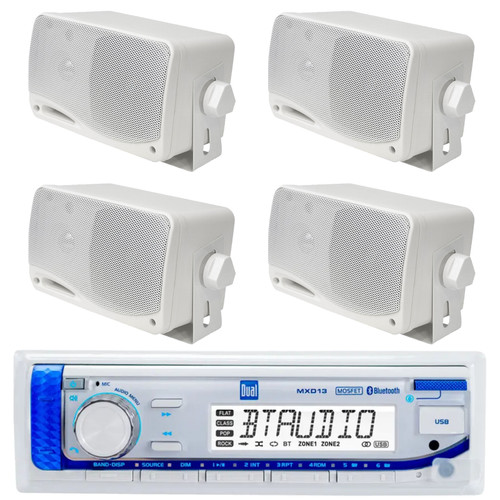 Dual Electronics MXD13 in-Dash Marine USB Bluetooth AM/FM Stereo Digital Media Receiver, 4x 3.5'' 200 Watt Max Power 3-Way Indoor/Outdoor Waterproof Wall Mount Speakers (White)