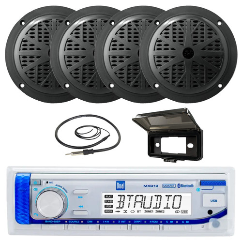 Dual Electronics MXD13 Single-DIN Marine USB Bluetooth AM/FM Stereo Digital Media in-Dash Receiver W/Black Cover, 4x 6.5'' 120W Max Power Dual Cone Full-Range Boat Audio Black Speakers, Radio Antenna