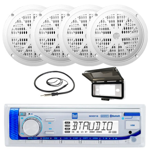 Dual Electronics MXD13 Single-DIN Marine USB Bluetooth AM/FM Stereo Digital Media in-Dash Receiver W/White Cover, 4x 6.5'' 120W Max Power Dual Cone Full-Range Boat Audio White Speakers, Radio Antenna