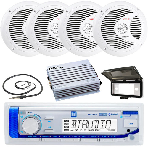 Dual Electronics MXD13 Single-DIN Marine USB Bluetooth AM/FM Stereo Digital Media in-Dash Receiver W/White Cover, 4x 6.5'' 150W Max Power 2 Way Boat Audio White Speakers, 4-Channel Amplifier, Antenna