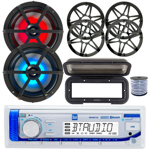 Dual Electronics MXD13 in-Dash Marine Bluetooth AM/FM Stereo Digital Media Receiver, 2x 6.5" 120W 2-Way Multicolor LED Boat Speakers, 2x Charcoal Grilles, 2x Chrome Grilles, Radio Cover (Black), Wire