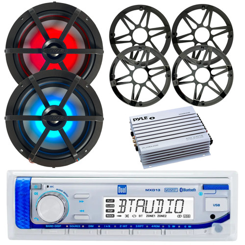 Dual Electronics MXD13 in-Dash Marine Bluetooth AM/FM Stereo Digital Media Receiver, 2x 6.5" 120 Watt 2-Way Multicolor LED Boat Speakers w/2x Charcoal Grilles, 2x Chrome Grilles, 4-Channel Amplifier