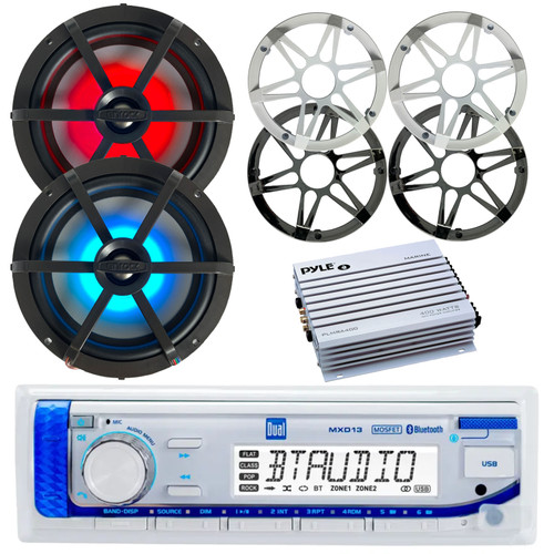 Dual Electronics MXD13 in-Dash Marine Bluetooth AM/FM Stereo Digital Media Receiver, 2x 6.5" 120 Watt 2-Way Multicolor LED Boat Speakers w/2x White Grilles, 2x Chrome Grilles, 4-Channel Amplifier
