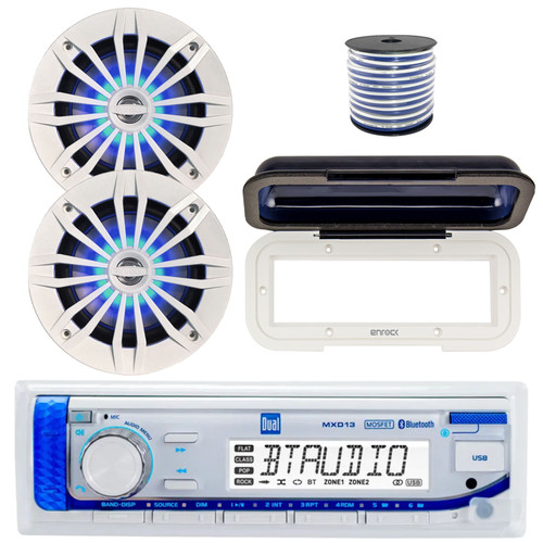 Dual Electronics MXD13 in-Dash Marine USB Bluetooth AM/FM Stereo Digital Media Receiver, 2x 6.5" 180 Watt Max 2-Way Blue Flashing LED Boat Speakers (White), Radio Cover (White), 18 Gauge 50 Feet Wire