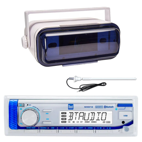 Dual Electronics MXD13 in-Dash Marine USB Bluetooth AM/FM Stereo Digital Media Receiver, Radio Shield Cover Housing (White), White Flexible Rubber Mast Long Range Antenna
