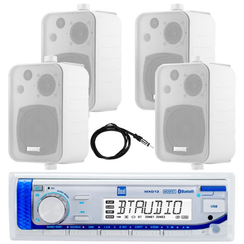 Dual Electronics MXD13 in-Dash Marine USB Bluetooth AM/FM Stereo Digital Media Receiver, 4x 4" 30 Watt Max Power 3-Way Indoor/Outdoor White Speakers, 22" Antenna