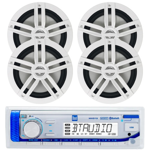 Dual Electronics MXD13 in-Dash Marine USB Bluetooth AM/FM Stereo Digital Media Receiver, 4x 6.5" 180 Watt Peak Power 2-Way Boat Audio Speakers (White)