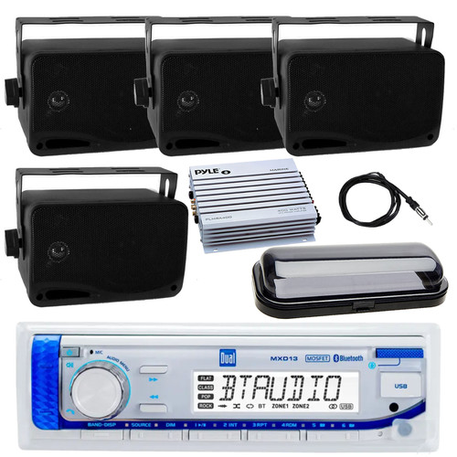 Dual Electronics MXD13 in-Dash Marine USB Bluetooth AM/FM Stereo Receiver, 4x 3.5'' 200W 3-Way Indoor/Outdoor Waterproof Wall Mount Speakers (Black), Black Radio Cover, 4-Channel Amplifier, Antenna