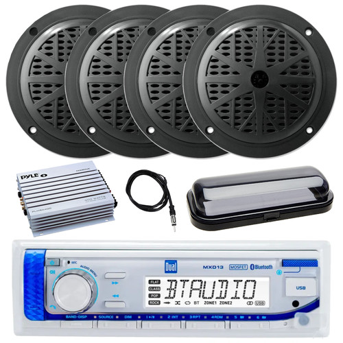 Dual Electronics MXD13 in-Dash Marine USB Bluetooth AM/FM Stereo Receiver, 4x 4'' 100 Watt Peak Power Dual Cone Waterproof Stereo Speakers (Black), Black Radio Cover, 4-Channel Amplifier, 22" Antenna