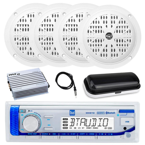 Dual Electronics MXD13 in-Dash Marine USB Bluetooth AM/FM Stereo Receiver, 4x 4'' 100 Watt Peak Power Dual Cone Waterproof Stereo Speakers (White), White Radio Cover, 4-Channel Amplifier, 22" Antenna