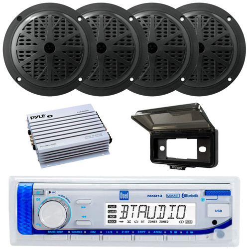 Dual Electronics MXD13 Single-DIN Marine Bluetooth AUX/USB MP3 AM/FM Digital Media Stereo In-Dash Receiver W/Black Cover, 4x 5.25'' 100W Max Power 2-Way Full Range Black Speakers, 4 Channel Amplifier
