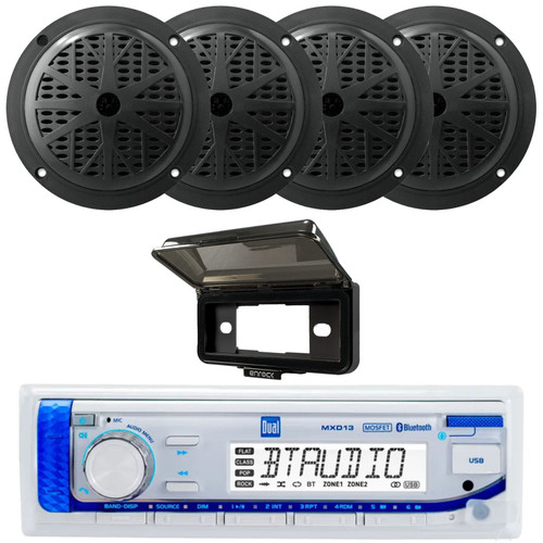Dual Electronics MXD13 Single-DIN Marine Bluetooth AUX/USB MP3 AM/FM Digital Media Stereo In-Dash Receiver W/Black Cover, 4x 5.25'' 100 Watt Max Power 2-Way Dual Cone Full Range Boat Black Speakers
