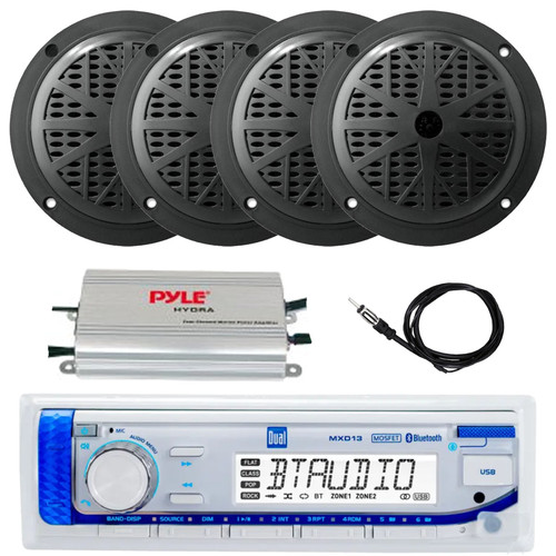 Dual Electronics MXD13 in-Dash Marine USB Bluetooth AM/FM Stereo Digital Media Receiver, 4x 5.25'' 100 Watt Peak Power 2-Way Full Range Boat Audio Speakers (Black), 22" Antenna, 4-Channel Amplifier