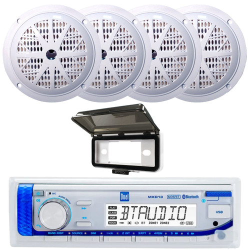 Dual Electronics MXD13 Single-DIN Marine Bluetooth AUX/USB MP3 AM/FM Digital Media Stereo In-Dash Receiver W/White Cover, 4x 5.25'' 100 Watt Max Power 2-Way Dual Cone Full Range Boat White Speakers