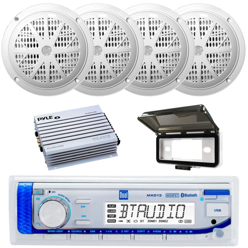 Dual Electronics MXD13 Single-DIN Marine Bluetooth AUX/USB MP3 AM/FM Digital Media Stereo In-Dash Receiver W/White Cover, 4x 6.5'' 120W Max Power Dual Cone White Boat Speakers, 4-Channel Amplifier