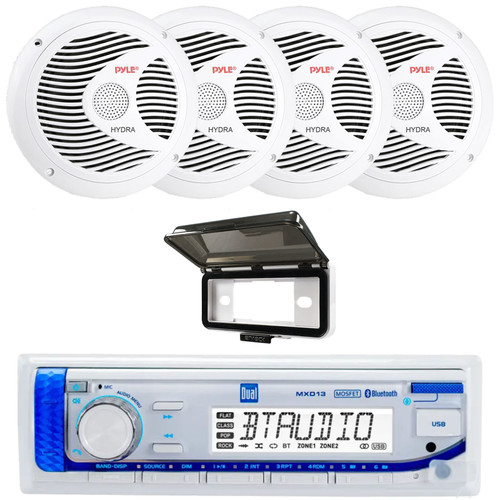Dual Electronics MXD13 Single-DIN Marine Bluetooth AUX/USB MP3 AM/FM Digital Media Stereo In-Dash Receiver W/White Cover, 4x 6.5" 150 Watts Max Power Dual Cone Full Range Boat White Speakers