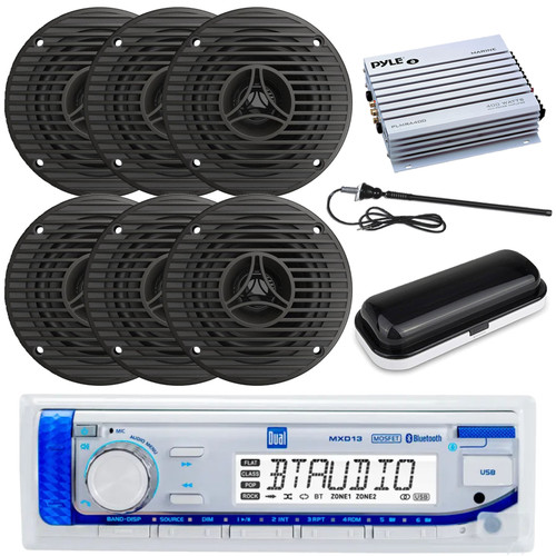 Dual Electronics MXD13 in-Dash Marine USB Bluetooth AM/FM Stereo Receiver, 6x 3.5" 75 Watt Max OEM Replacement Full Range Graphite Audio Speakers, White Radio Cover, 4-Channel Amplifier, Black Antenna