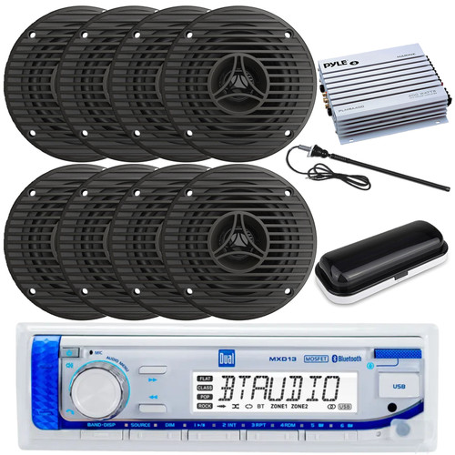 Dual Electronics MXD13 in-Dash Marine USB Bluetooth AM/FM Stereo Receiver, 8x 3.5" 75 Watt Max OEM Replacement Full Range Graphite Audio Speakers, White Radio Cover, 4-Channel Amplifier, Black Antenna