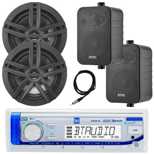 Dual Electronics MXD13 Single DIN Marine Bluetooth Mechless USB/AUX MP3 AM/FM Digital Media Stereo Receiver, 2x 6.5" 180W Max 2-Way Speakers, 2x 4" 30W Max 3-Way Indoor/Outdoor Speakers, 22" Antenna