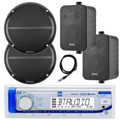 Dual Electronics MXD13 in-Dash Marine USB Bluetooth AM/FM Stereo Receiver, 2x 6.5" 90 Watt 2-Way Full Range Boat Audio Black Speakers, 2x 4" 30 Watt 3-Way Indoor/Outdoor Black Speakers, 22" Antenna