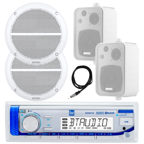 Dual Electronics MXD13 in-Dash Marine USB Bluetooth AM/FM Stereo Receiver, 2x 6.5" 90 Watt 2-Way Full Range Boat Audio White Speakers, 2x 4" 30 Watt 3-Way Indoor/Outdoor White Speakers, 22" Antenna