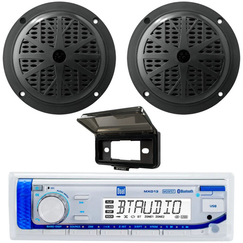 Dual Electronics MXD13 Single-DIN Marine Bluetooth AUX/USB MP3 AM/FM Digital Media Stereo In-Dash Receiver W/Black Cover, 2x 5.25'' 100 Watts Max Power 2-Way Dual Cone Full-Range Black Boat Speakers