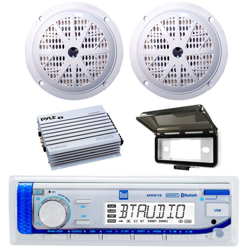 Dual Electronics MXD13 Single-DIN Marine Bluetooth AUX/USB MP3 AM/FM Digital Media Stereo In-Dash Receiver W/White Cover, 2x 5.25'' 100W Max Power 2-Way Full Range White Speakers, 4-Channel Amplifier