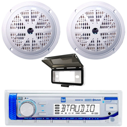 Dual Electronics MXD13 Single-DIN Marine Bluetooth AUX/USB MP3 AM/FM Digital Media Stereo In-Dash Receiver W/White Cover, 2x 5.25'' 100 Watts Max Power 2-Way Dual Cone Full-Range White Boat Speakers