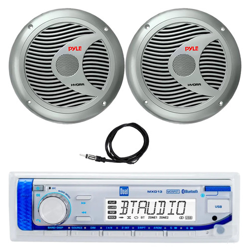 Dual Electronics MXD13 in-Dash Marine USB Bluetooth AM/FM Stereo Digital Media Receiver, 2x 6.5" 150 Watt Max Power 2 Way Boat Audio Speakers (Silver), 22" Antenna