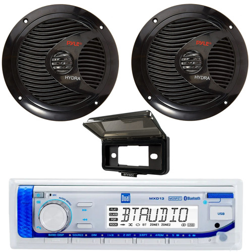 Dual Electronics MXD13 Single-DIN Marine Bluetooth AUX/USB MP3 AM/FM Digital Media Stereo In-Dash Receiver W/Black Cover, 2x 6.5'' 150 Watt Max Power Dual Cone Full Range Black Boat Speakers
