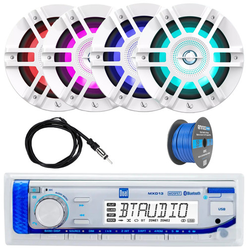Dual Electronics MXD13 Single-DIN Marine Bluetooth USB/AUX MP3 AM/FM Radio Digital Media Stereo Receiver, 4x 6.5" 300W Max Power 2-Way Coaxial RGB LED White Boat Speakers W/50 Feet 16G Wire, Antenna