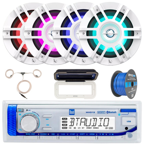 Dual Electronics MXD13 Single-DIN Marine Bluetooth USB/AUX MP3 AM/FM Radio Digital Media Stereo Receiver W/White Cover, 4x 6.5" 300W Max Power 2-Way Coaxial RGB LED White Speakers W/Wire, Antenna
