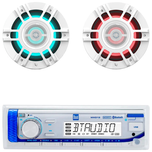Dual Electronics MXD13 Single-DIN Marine Bluetooth USB/AUX MP3 AM/FM Radio Digital Media Stereo Receiver, 2x Infinity KAPPA 6120M 6.5" 300 Watts Max Power 2-Way Coaxial RGB LED White Boat Speakers