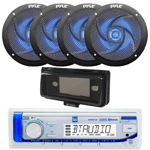 Dual Electronics MXD13 Marine MP3/AUX/USB Bluetooth AM/FM Radio Digital Media Receiver, 4x 4" 100 Watt Max Low Profile 2-Way Waterproof Blue Flashing LED Boat Audio Speakers, Stereo Cover (Black)