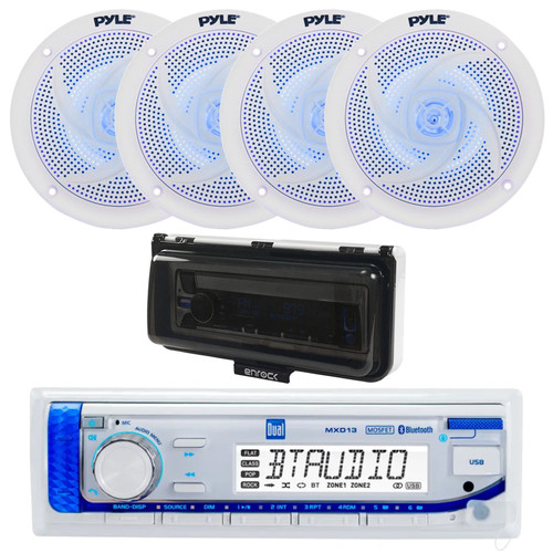Dual Electronics MXD13 Marine MP3/AUX/USB Bluetooth AM/FM Radio Digital Media Receiver, 4x 4" 100 Watt Max Low Profile 2-Way Waterproof Blue Flashing LED Boat Audio Speakers, Stereo Cover (White)