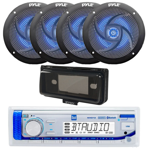 Dual Electronics MXD13 Marine MP3/AUX/USB Bluetooth AM/FM Radio Digital Media Receiver, 4x 5.25" 180 Watt Max 2-Way Waterproof Low Profile Blue Flashing LED Boat Audio Speakers, Stereo Cover (Black)